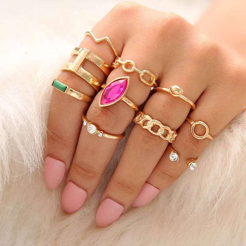 

8 PCS/SET Multi Color Crystal Rings Set for Women Bohemian Hollow Geometric Knuckle Rhinestone Midi Finger Ring anillos Jewelry