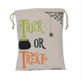

50pcs/lot 34X42CM Treat & Trick Halloween Sacks Candy Gifts Bag Drawstring Bags Cotton Canvas Kids Pumpkin Spider Tote Bag
