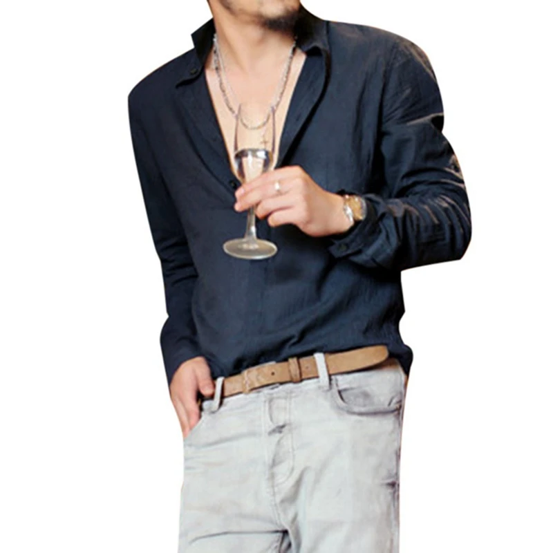 LAAMEI, сексуальная новая мужская блузка с длинным рукавом, летняя мода, повседневные тонкие футболки, топы, Мужские дышащие льняные рубашки - Цвет: Navy Blue Style 2