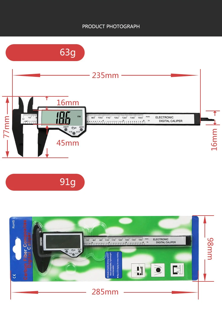 Электронный пластиковый суппорт Водонепроницаемый IP54 0-150mm 6 дюймов ЖК-дисплей Цифровой штангенциркуль датчик DT6