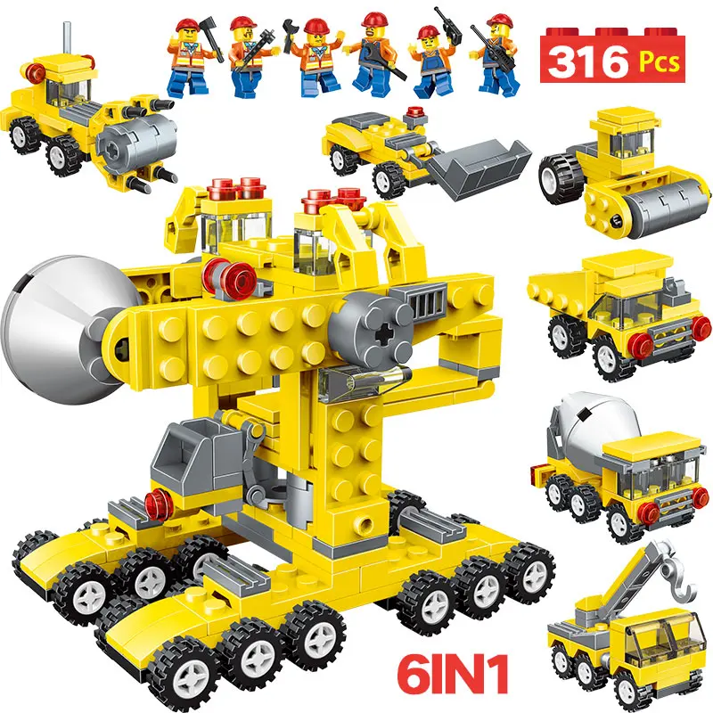 

316pcs 6 In 1 Engineering Truck Building Blocks Compatible Legoings City Car Vehicle Construction Bricks Toys For Children