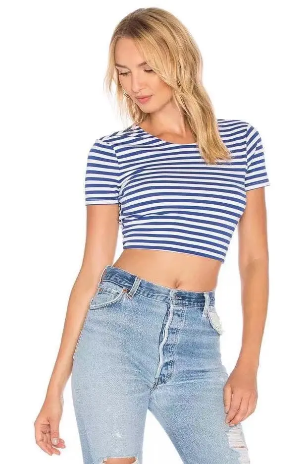 Summer Vintage Striped Crop Top Tee Shirt Sexy Women Open Back Tank Top ...