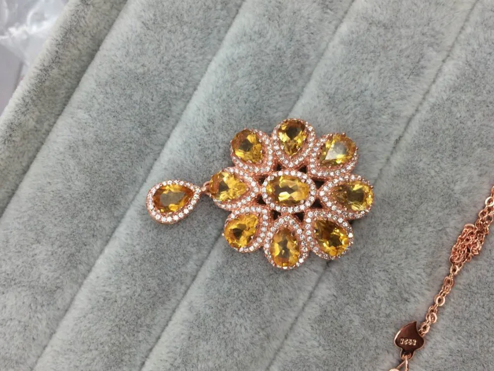 Naturel citrine gem pendentif naturel jaune cristal pendentif collier 925 argent mode luxe rond fle