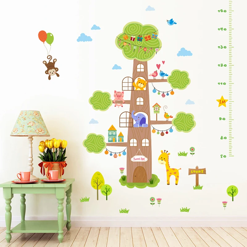 

Cartoon Animals Growth Chart Tree Wall Stickers For Nursery Kids Room Giraffe Decoration Mural Diy Children Height Measure Decal
