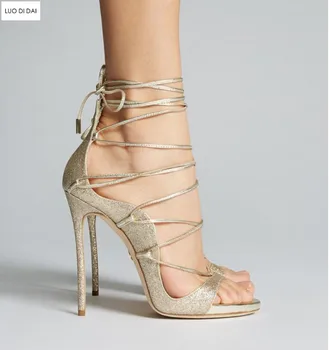 

2020 new women gold high heels party shoes summer gladiator sandals wedding shoes lace up high heels open toe sequin sandals