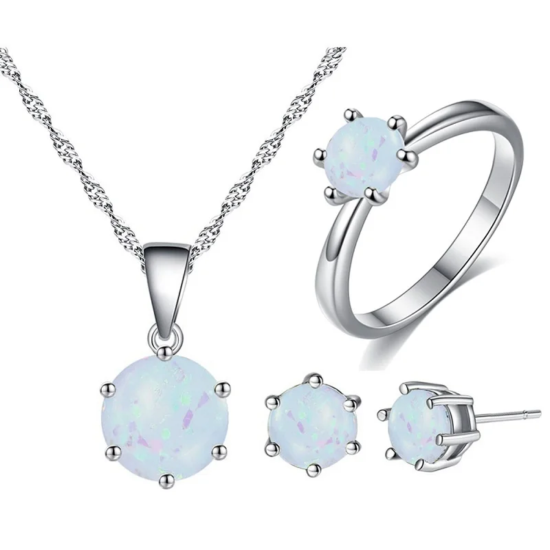 

Elegant Round Opal Bridal Jewelry Set For Women Earrings Necklace Ring Sets