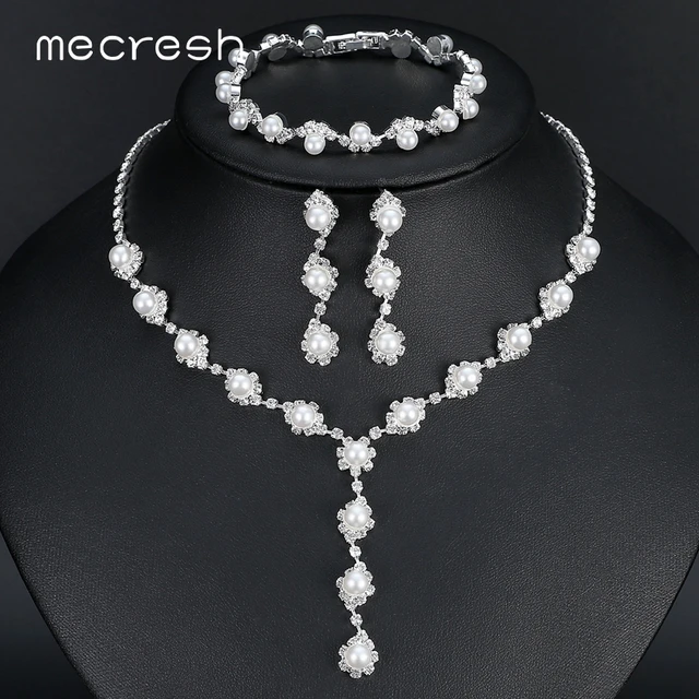 Mecresh Simulated Pearl Bride Wedding Jewelry Sets Simple Crystal Mecresh Simulated Pearl Bride Wedding Jewelry Sets Simple Crystal Necklace Earrings Bracelets Women Party Gift