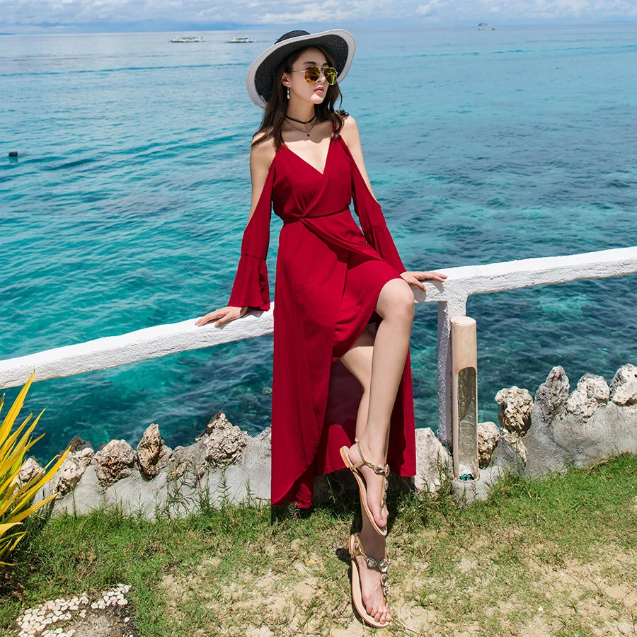 Snordic глубокий v-образный вырез с длинным рукавом сексуальное пляжное платье женское летнее шифоновое длинное платье без бретелек платье женское Красное Vestidos
