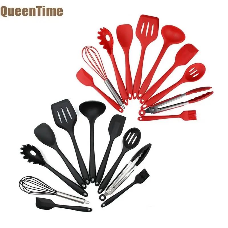 

QueenTime 10 PCS Silicone Cooking Utensil Set Stainless Steel Kitchen Gadgets Soup Ladle Slotted Spatula Salad Spoon Food Tongs
