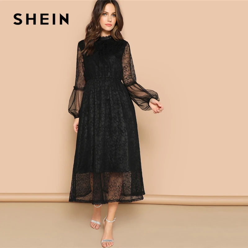 SHEIN Кружевное Макси Платье С Длинными Рукавами Ажурное Однотонное Длинное