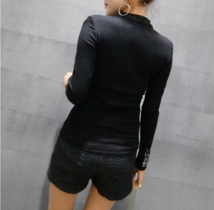 Модная весенне-осенняя черная блузка с длинным рукавом и стоячим воротником, женские топы с бриллиантами, блузки, женские рубашки, Сексуальные вечерние женские футболки NS581