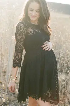 

Short Lace Maternity Evening Dress Black Boho Prom Dresses With 3/4 Sleeves Fall 2019 Cheap Formal Party Dress robe de soiree