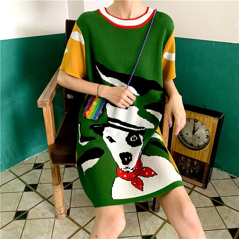 

Korea Street Runway Summer Women Cartoon Pattern Colorful Cute Knitted Dress For Young Ladies Pullover Dresses Vestidos CC039