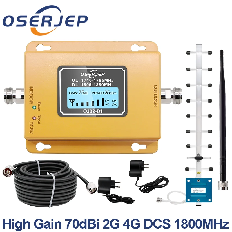 

GSM LTE 1800 LCD 70dB 2g 4g Cell Phone Signal Repeater DCS 1800MHz Mobile Amplifier GSM Signal Repeater + Yagi /Rubber Antenna