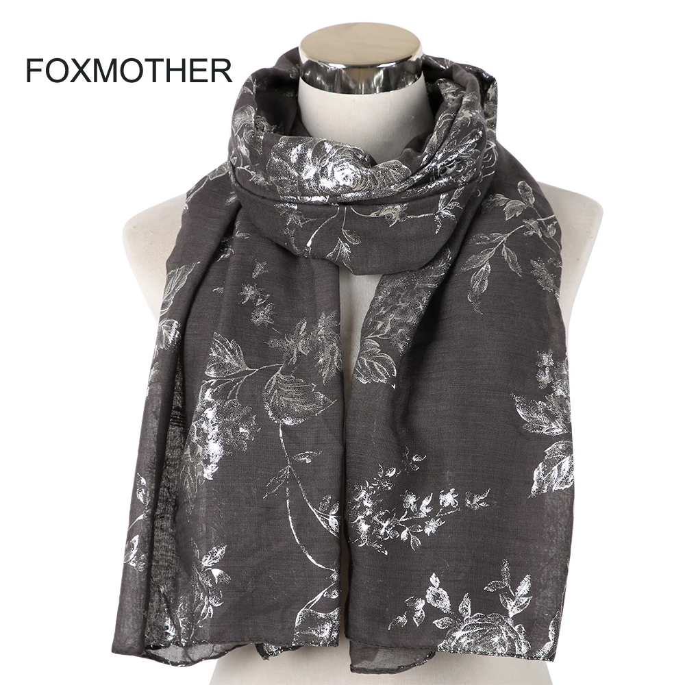 

FOXMOTHER 2019 New Design Shiny Navy Pink Grey Foil Sliver Floral Scarf Glitter Hijab Muslim Wrap Echarpe Bufanda Scarves Women