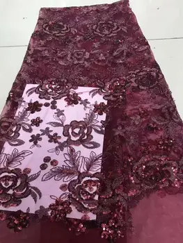 

2018 High Quality Nigerian French Lace African Lace Fabric Wine Flower Sequined Guipure Mesh Lace For Party Dresses India Tissu