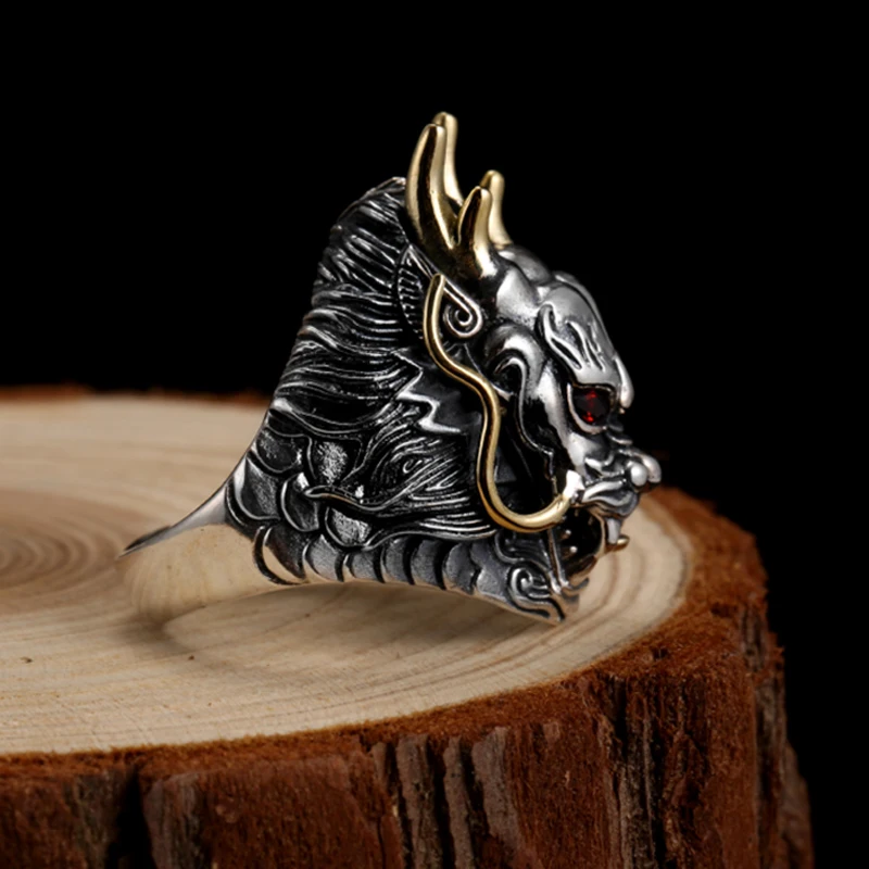  ZABRA Luxury 925 Sterling Silver Dragon Ring Big Adjustable Size Red Stone Cubic zirconia Punk Mens