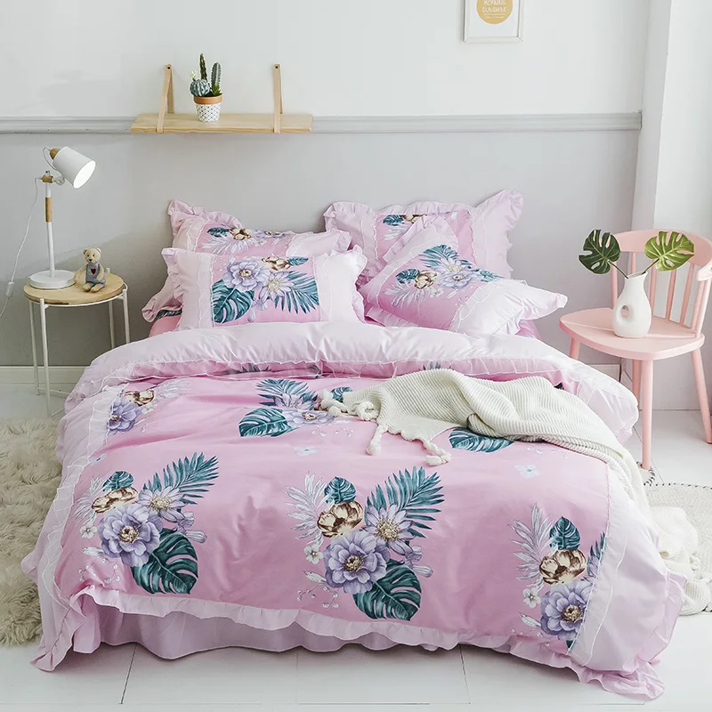 

Luxury Princess Bedding Set Lace Edge Duvet Cover Pillowcase Flat Bedclothes Big Leaf Rabbit Goose Grace Young Girl Queen