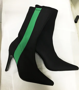 

2018 Hot Pointy Toe High Heel Boots Stretch Fabric Women Green Stripe Ankle Boots Sexy Ladies Slip On Stiletto Boots Size 41