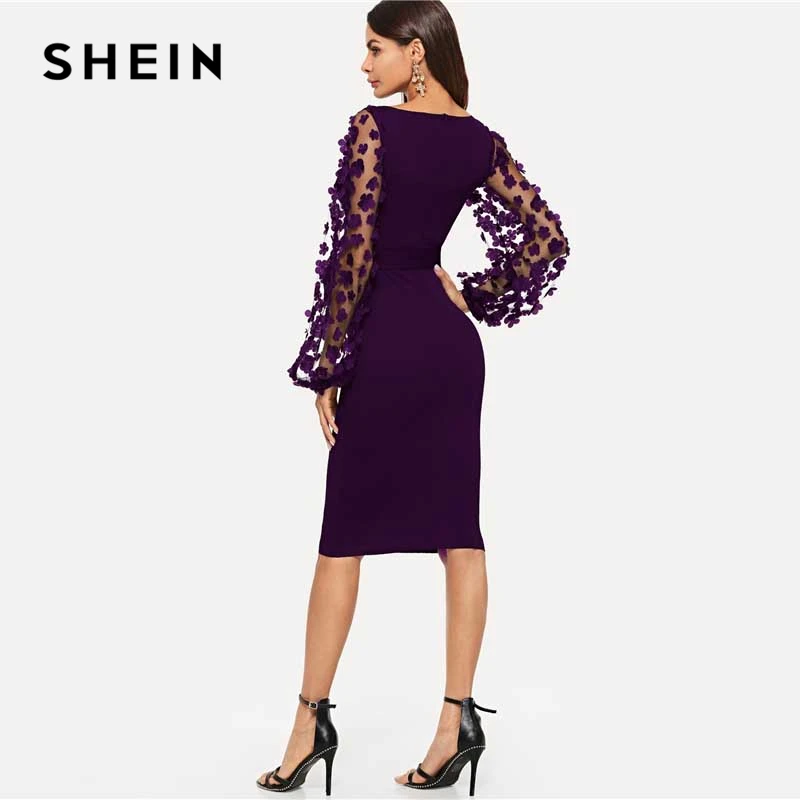 SHEIN الأرجواني حزب أنيقة الصلبة زهرة زين شبكة كم شكل تركيب نحيل قلم رصاص اللباس الخريف مكتب سيدة النساء فساتين