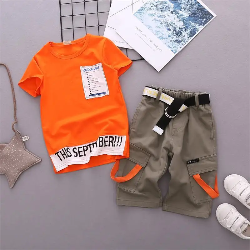 

2PCS WLG boys summer clothing set kids boy white orange letter printed loose t shirt and khaki short set children casual clothes
