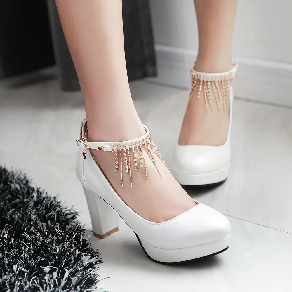 

Party Shoes Women White Women Shoes Platform Heels Concise Pumps Elegant Round Toe Buckle Strap Pu Leather Pumps For Ladies