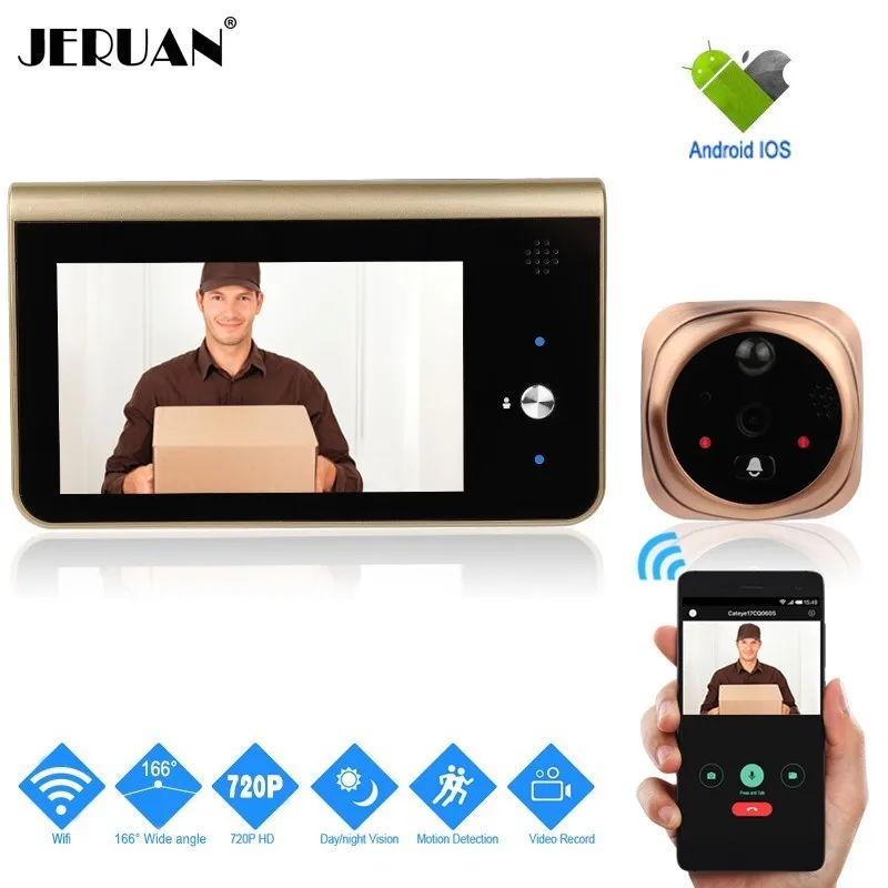 JERUAN Wi Fi Smart глазок видео дверные звонки мобильного телефона беспроводной домофон 720P HD Безопасности 166 градусов камера обнаружения движения