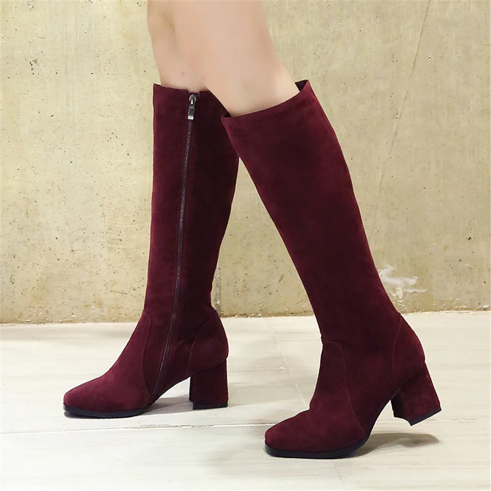 MORAZORA/ г.; модные женские ботинки; ботинки из коровьей замши с квадратным носком на молнии; кожаные сапоги до колена на квадратном каблуке; цвет черный, винно-красный