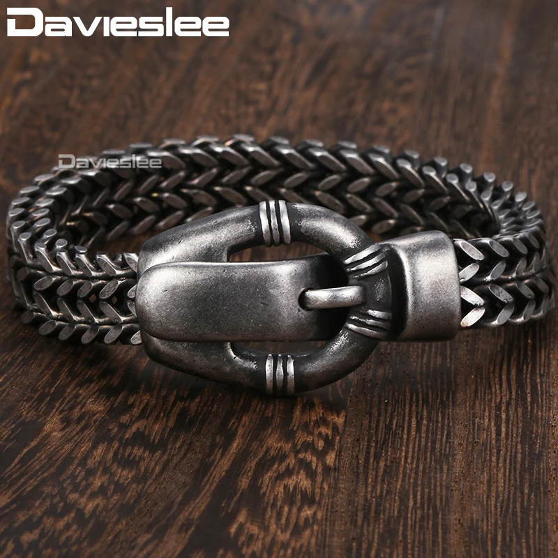 

Davieslee Fashion Mens Bracelet Stainless Steel Double Foxtail Link Belt Shaped Clasp Wristband 12mm DHB497