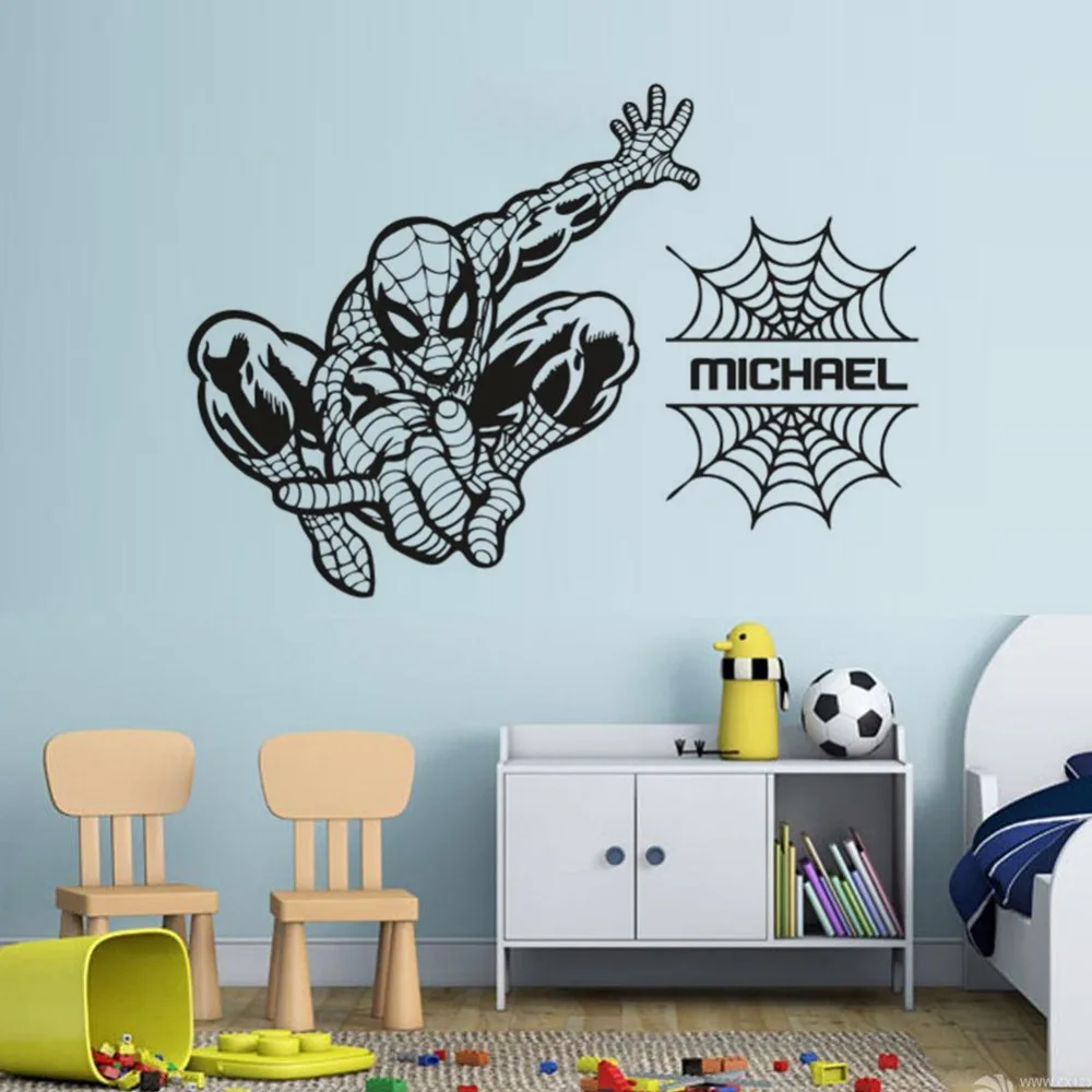 Настенная Наклейка на заказ Человек-паук, персональная виниловая наклейка на стену для мальчиков с изображением Мстителей, детское украшение для комнаты спальня, художественная роспись G650