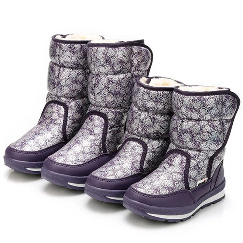 Детские ботинки; высококачественные водонепроницаемые зимние ботинки для девочек; теплая плюшевая зимняя обувь на платформе; нескользящие ботинки принцессы - Цвет: Фиолетовый