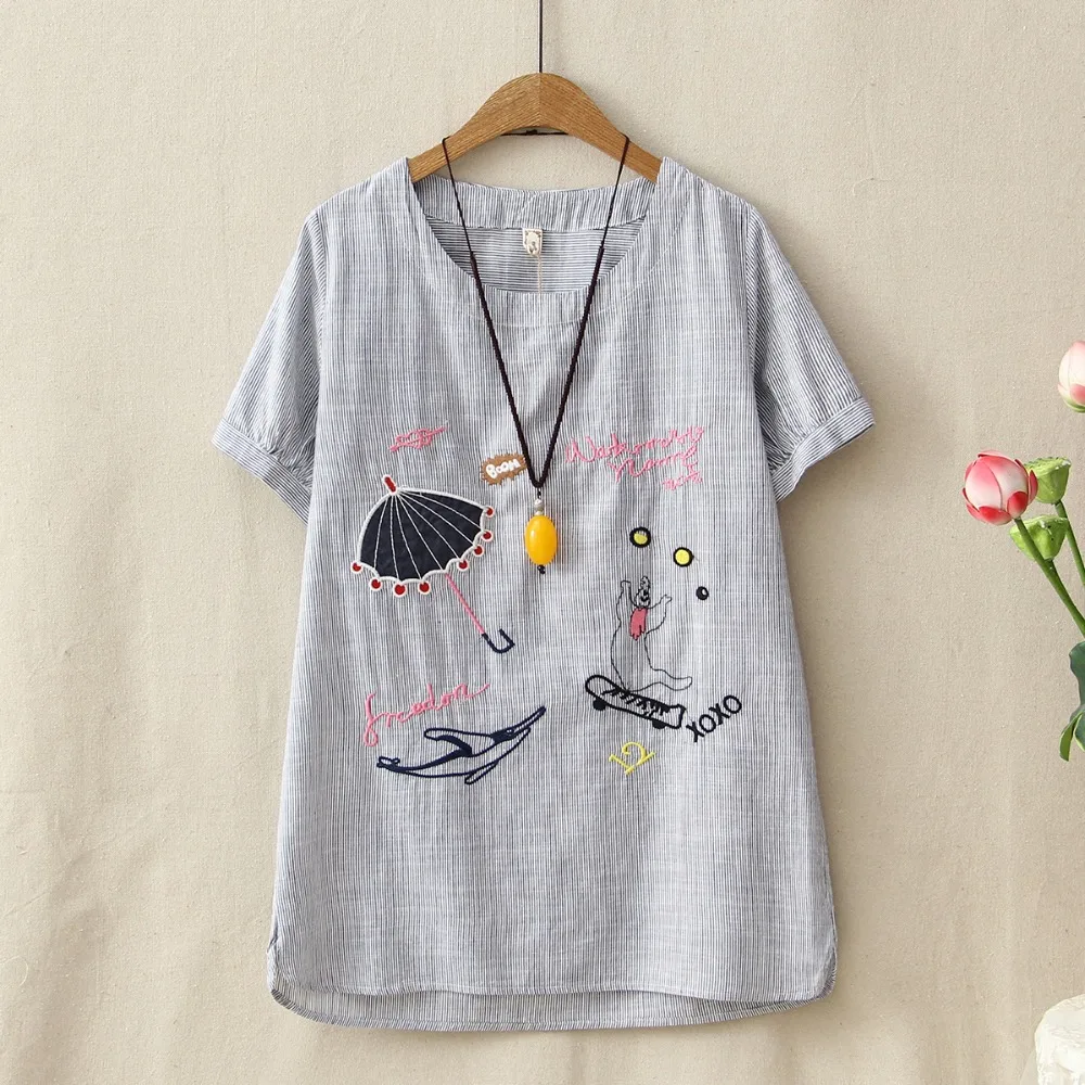 

Ladies short sleeve summer shirt middle long design blusas cotton linen womens tops and blouses o neck embroidery shirts