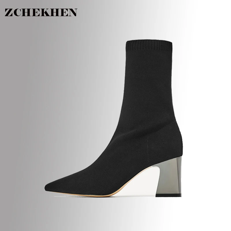 

Fashion Ankle Elastic Sock Boots Chunky High Heels Stretch Women Sexy Booties Pointed Toe Women Pumps Botas 100390