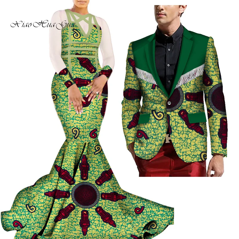 African Mermaid Bazin Riche Dresses for Couples Dashiki African Couple Clothing Women's Dress+Men's Blazer 2 Pieces Set WYQ275