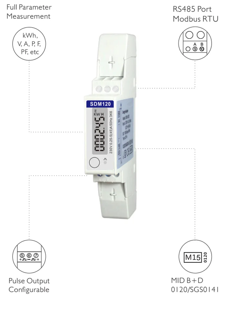 Однофазный 230V измеритель на din рейку, счетчик электроэнергии кВтч, многофункциональный счетчик энергии с RS485 Modbus выход SDM120 MODBUS