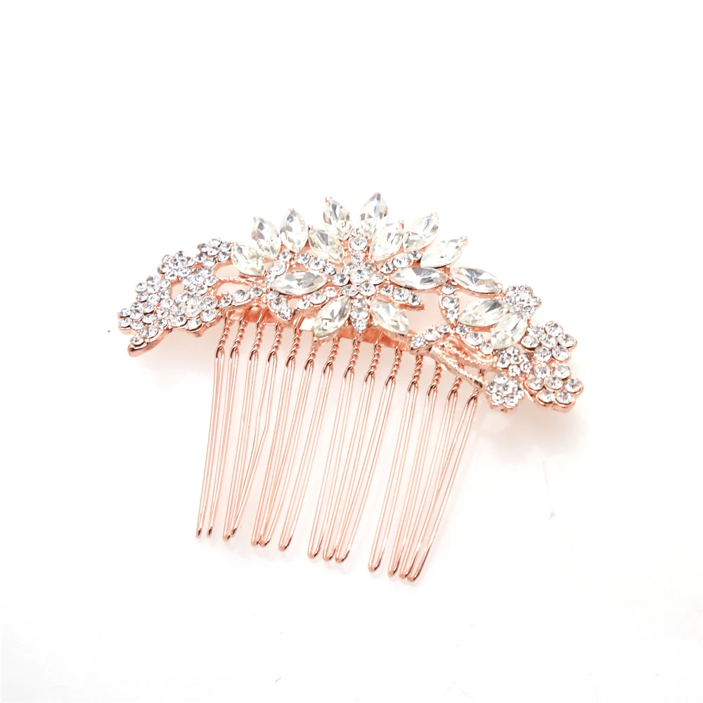 Винтажная Свадебная расческа для волос из розового золота с кристаллами CZ и золотыми листьями, цветочный головной убор для невесты, аксессуары для волос