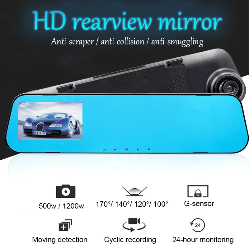 Автомобильный видеорегистратор TOSPRA с двумя объективами, 4,3 дюйма, Full HD, 1080 P, зеркало заднего вида, видеорегистратор, ночное видение, циклическая запись, видеорегистратор