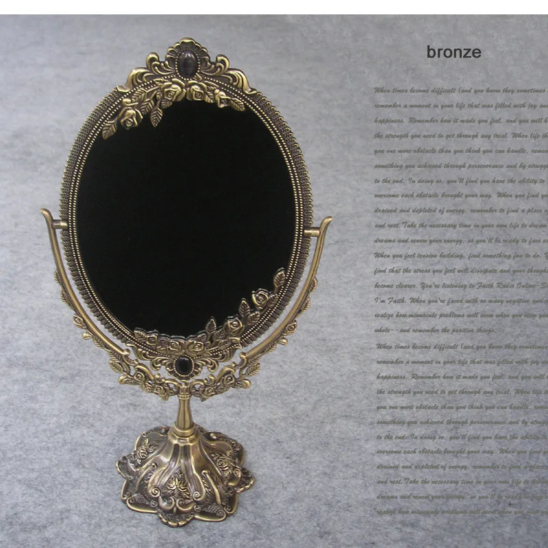 

vintage embossed double face retro bronze alloy metal desktop makeup dresser decorative mirror embossed frame makeup tool 330B