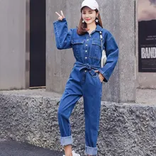 2018 Women Long Sleeve Denim Jumpsuit Solid Turn-Down Collar Long Jeans Overalls