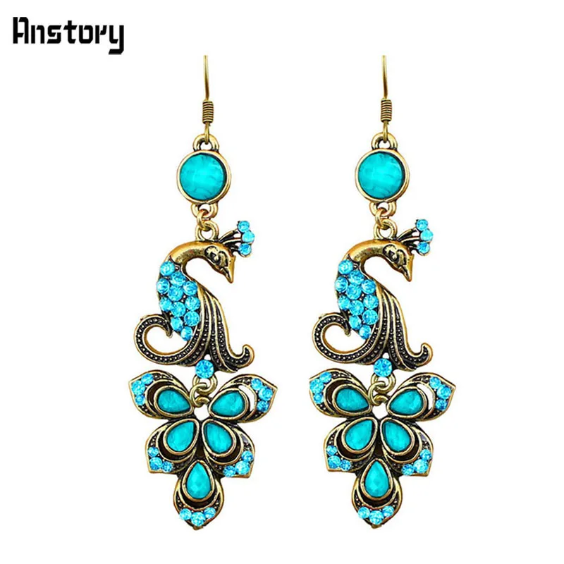 Peacock Pendant Crystal Peacock Earrings For Women Vintage Antique Bronze Plated Party Gift