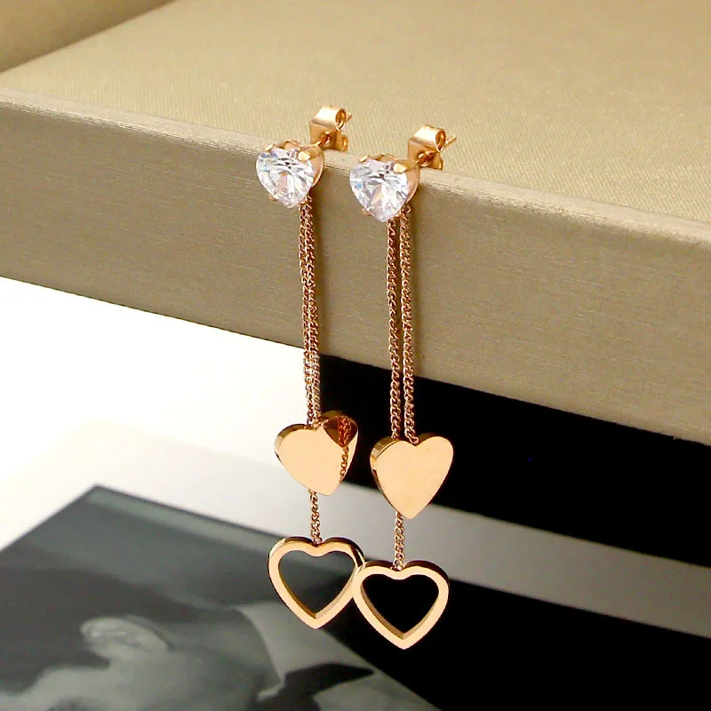 

YUN RUO 2018 Fashion Zircon Heart Stud Earring Woman Rose Gold Color Titanium Steel Jewelry Girl Gift Party Never Fade Wholesale