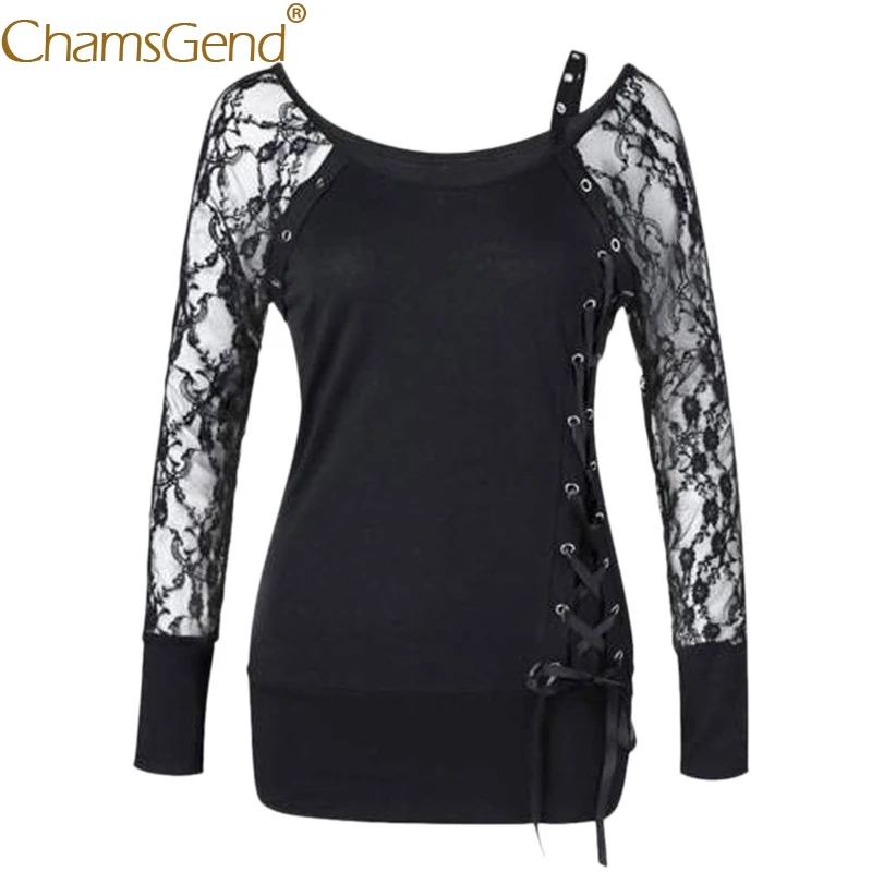 

Newly Design Punk Gothic Style Women Lace Long Sleeve Shirts with Crisscross Bandage Female Off Shoulder Black Blouse 81218