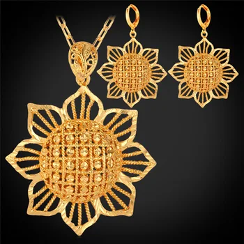 

Sun Flower Jewelry Drop Earrings And Pendant Necklace Set For Woman Gift Yellow Gold Color Dubai Gold Color Jewelry Set PE225