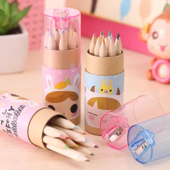 

12 pcs/lot Mini Drawing Painting Wooden Colored Pencil with Sharpener 12 colors Cute girl DIY Graffiti pen school supplies gift