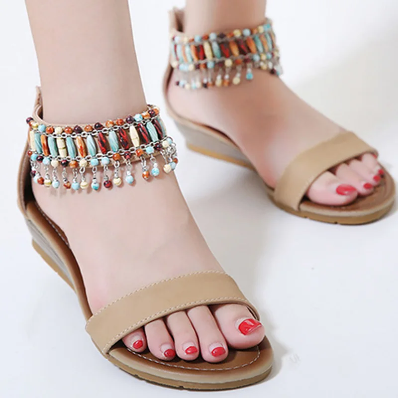 

Zip Women sandals Fashion wedge Sandals for girls String Bead Casual Non-slip sandals woman Summer 2019 New Arrival