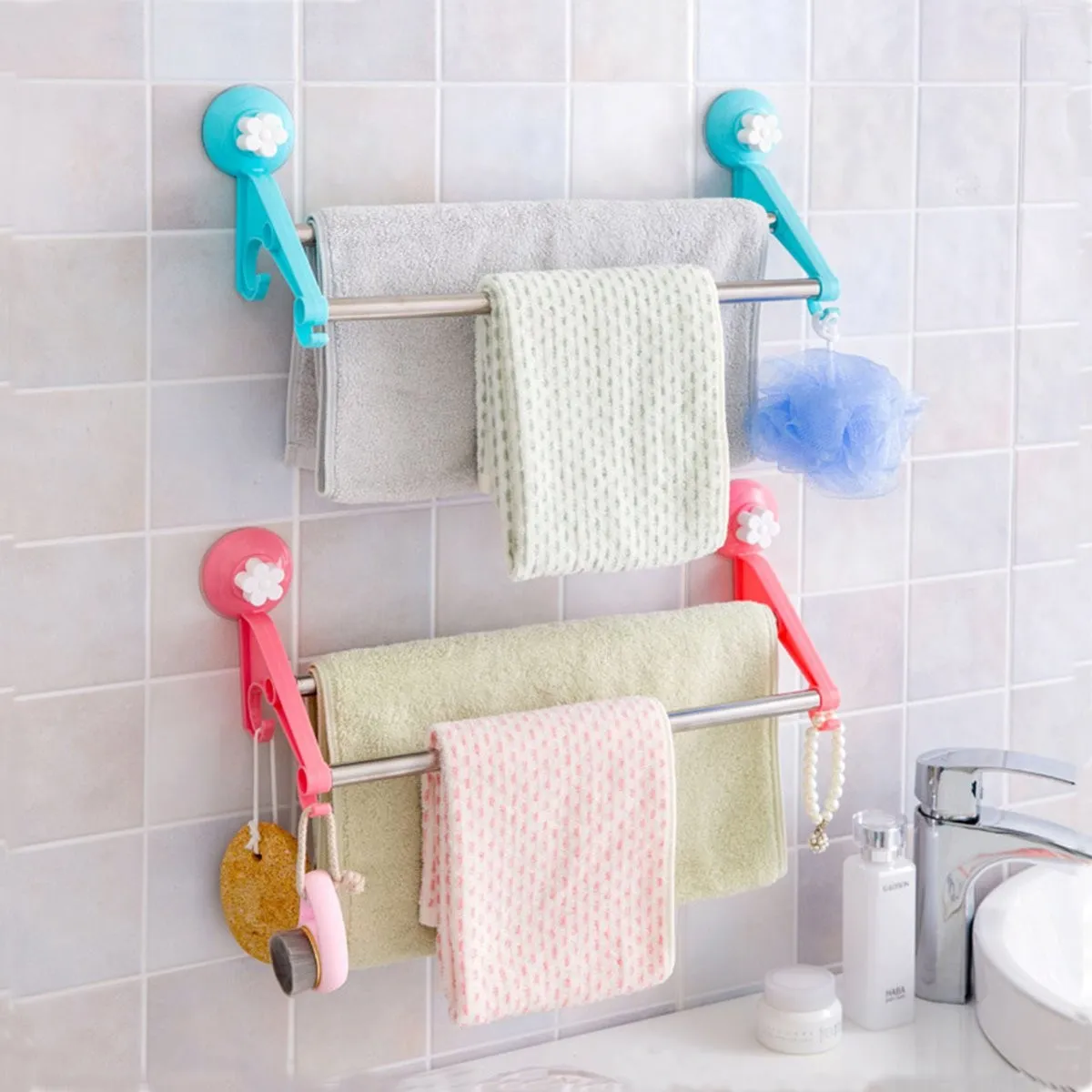 Wall Mounted Bathroom Suction Towels Double Shelf Rack Holder Home