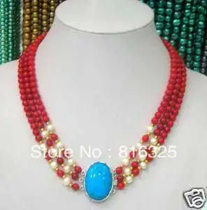

FREE SHIPPING>>3ROW WHITE PEARL & 7MM RED CORAL NECKLACE turquoise buckle