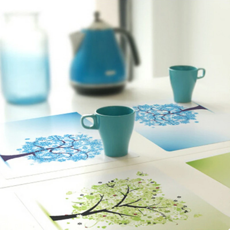 CFen A شجرة المطبوعة PVC طاولة طعام مكان الحصير للماء المطبخ الجدول حصيرة الحرفية لكأس عاء لوحة 2 قطعة