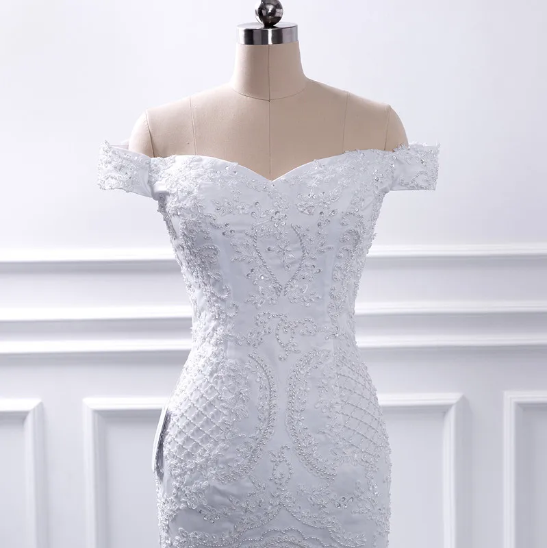 Vestidos de noiva без бретелек кружево с аппликацией из жемчуга Русалка Свадебные платья короткий рукав труба Китай свадебное платье размера плюс