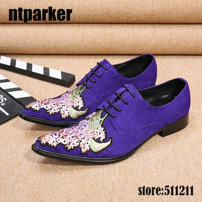 

ntparker Italian Style Dark Blue Suede Men's Dress Shoes Flower Embroidery Pointed Toe Lace-up Leather Shoes Men Oxford Shoes